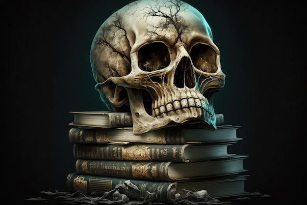 Eerie skull on a stack of books