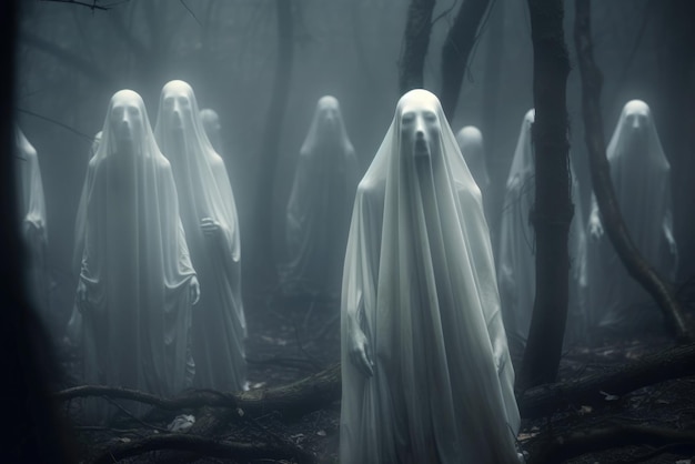 Eerie undead beings in white veils wandering through a fogshrouded nocturnal forest generative AI