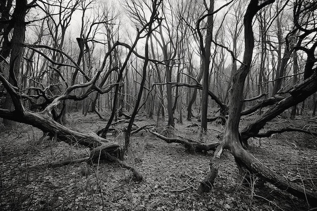 An eerie and unsettling forest where the trees are twisted and gnarled the ground is covered in decaying leaves and the air is thick with a sense of danger Generative AI