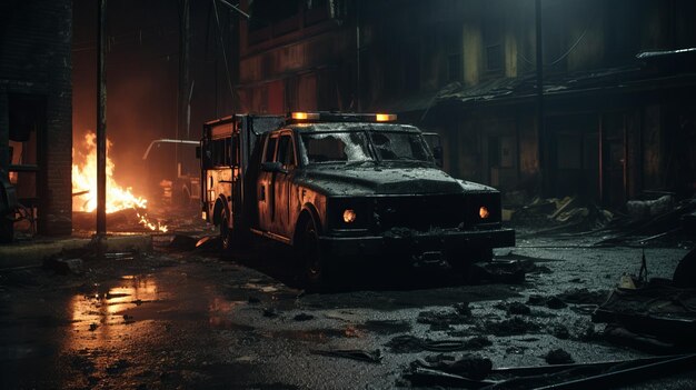 Страшная городская сцена Заброшенный горящий грузовик на темной улице