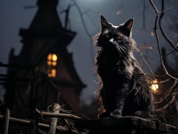 不気味な雰囲気 お化け屋敷に向かって座る黒猫