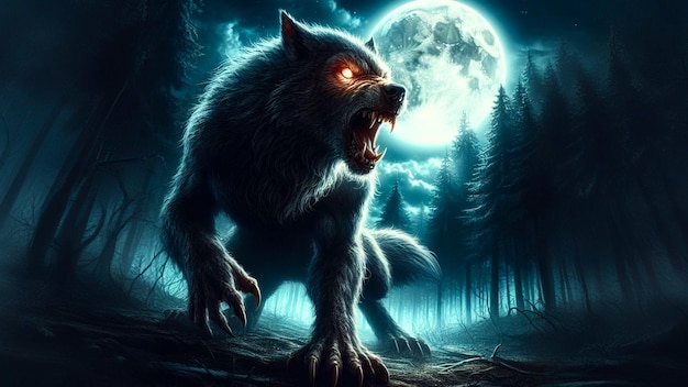 Eerie weerwolf beeld te midden van donkere bomen
