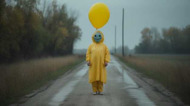 Photo eerie yellow balloon creature walking in rural america