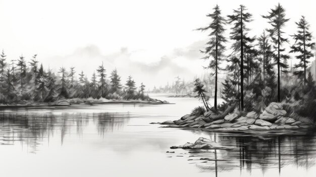 Photo eerily realistic black and white inkwash landscape illustration of a lake