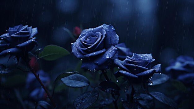 Photo eerily realistic blue roses in rain a romantic scenery in natureinspired imagery