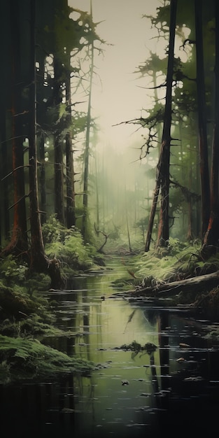 Photo eerily realistic forest and flowing water a heistcore painting