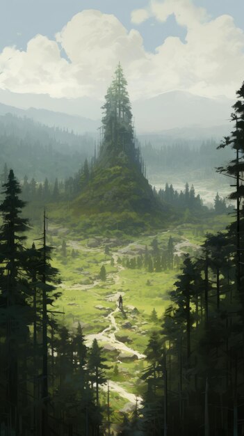 Photo eerily realistic mountain and forest landscape with pathway