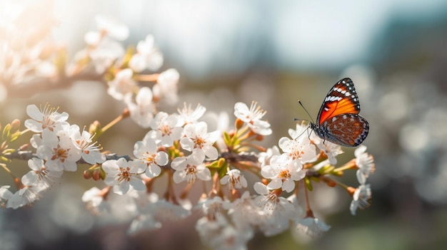 Eerste bos Lentebloemen en een vliegende vlinder