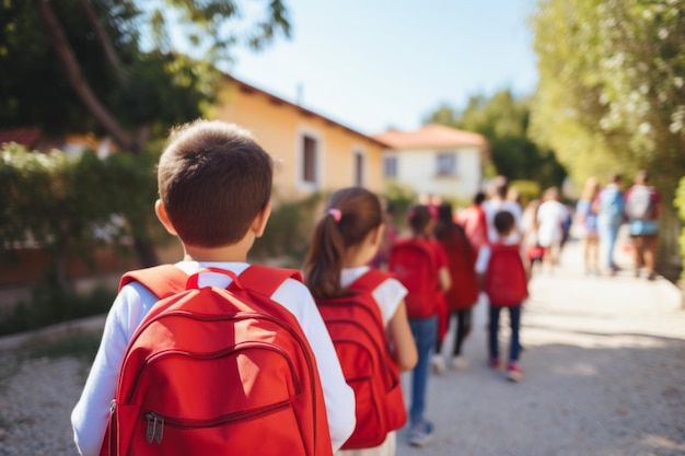 Eerste dag basisschoolgroep kleine kinderen schoolkinderen leerlingen studenten samen gaan studeren