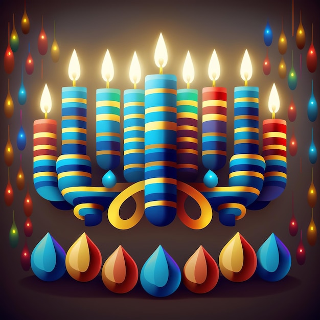 Eerste dag van Chanoeka met brandende Hanukkah kleurrijke kaarsen in Menorah Generative Ai