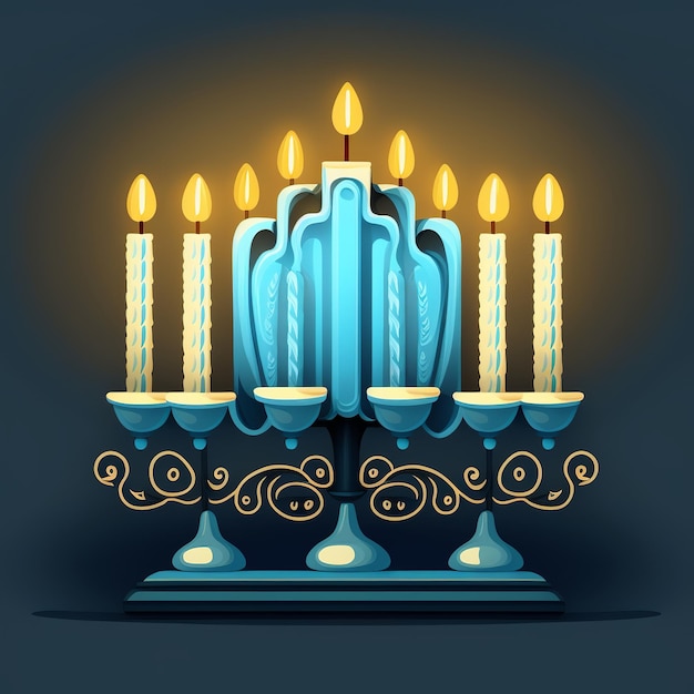 Eerste dag van Chanoeka met brandende Hanukkah kleurrijke kaarsen in Menorah Generative Ai