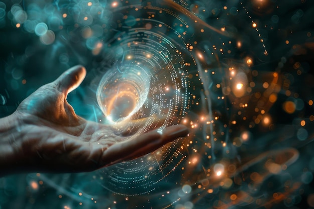 Eerste handcontact aanraking draaiende vortex van lichtdeeltjes neuroneel netwerkconcept