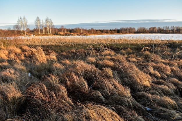 Eerste sneeuw in het veld bij zonsondergang