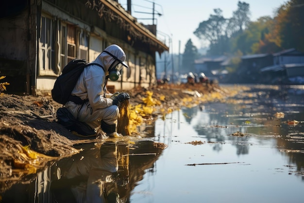 Eerste veiligheidspersoneel in chemische beschermende uitrusting die de zuiverheid van het water garandeert generatieve AI