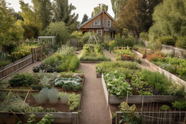 Eetbaar landschap met fruitbomen en moestuin aangelegd met generatieve ai