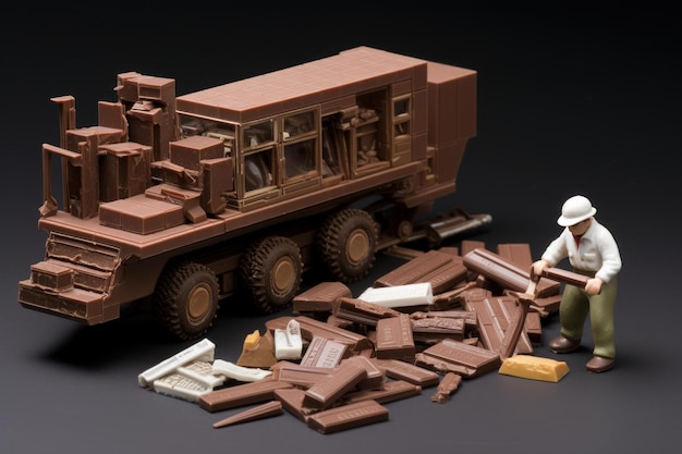 Foto eetbare miniatuur bouwers op chocoladereep macro voedsel genereren ai