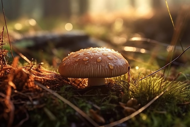 Eetbare paddenstoel in dauwdruppels in gras in bos op zonnige zomerdag Generatieve AI illustratie