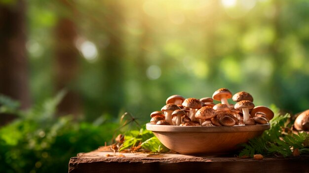 Eetbare paddenstoelen tegen een bos achtergrond Selectieve focus