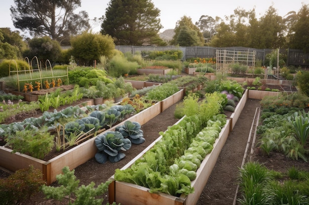 Eetbare tuin met rijen verse producten en kruiden zichtbaar