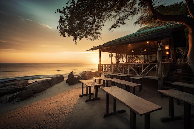 Eetcafé aan het strand met uitzicht op de ondergaande zon boven de oceaan en zorgt voor een vredige en rustgevende sfeer