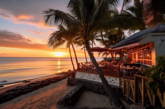 Eetcafe aan het strand met uitzicht op zonsondergang, warme kleuren en zachte golven