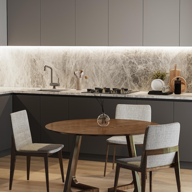 Eethoek met tafel in keuken interieur 3D-rendering