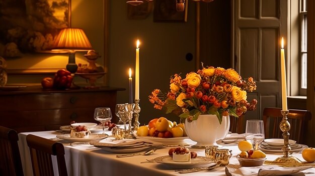 Eetkamer decoratie interieurontwerp en herfstvakantie viering elegante herfst tafel decoratie met kaarsen en bloemen huis decoratie en landhuis stijl