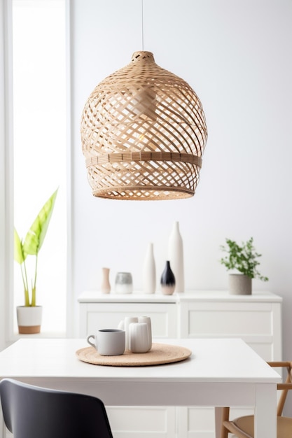 Eetkamer keukentafel beige stijl rotan decor meubelen lamp kamer Generatieve AI