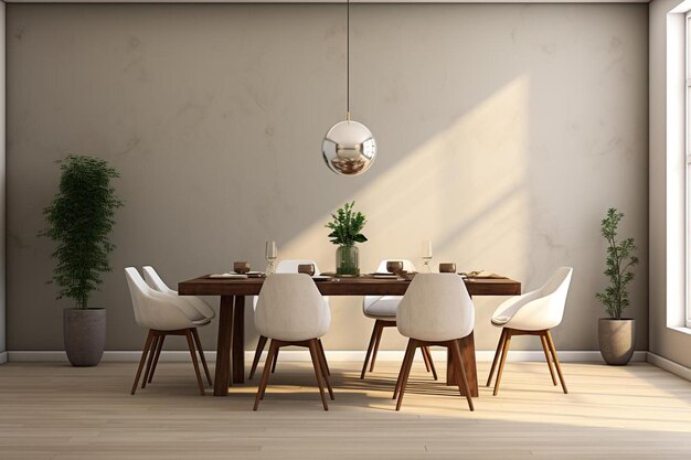 eetkamer met een ronde tafel en stoelen met een ronde spiegel aan de wand