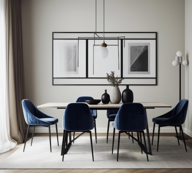 eetkamer met een stijlvolle tafel omringd door elegante blauwe stoelen