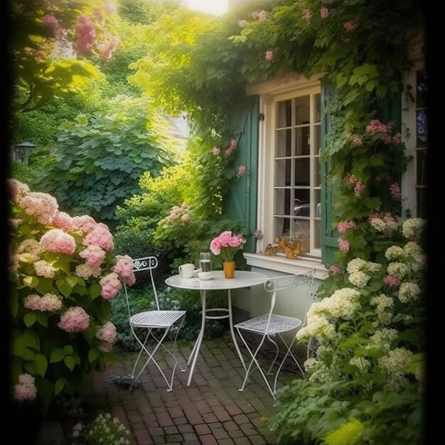 eettafel in een weelderige tuin