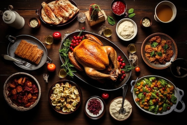 Eettafel met geroosterde kalkoen voor Thanksgiving-viering Traditionele Amerikaanse maaltijd voor vakantie bovenaanzicht