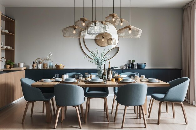 Foto eettafel met stoelen en servies