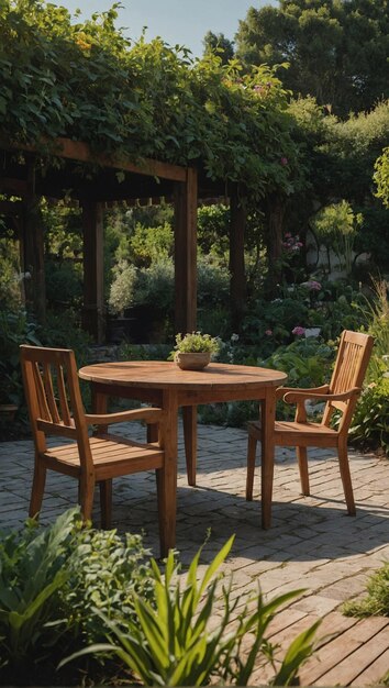 eettafel met stoelen in de tuin