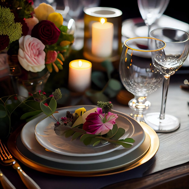 Eettafel set met glas en servies bloem