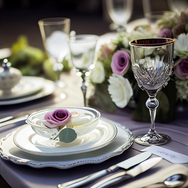 Eettafel set met glas en servies bloem