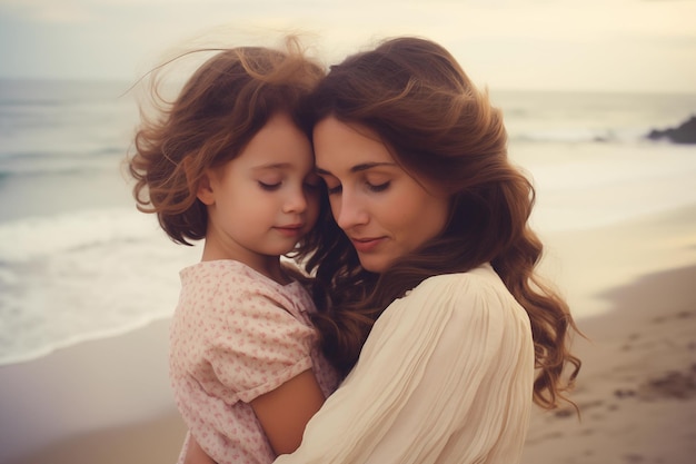 Foto eeuwige liefde bij de zee moeder en dochter geven een tedere knuffel op het strand