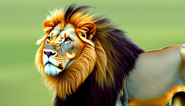 Eeuwige Majesteit Majestueuze Leeuw met vloeiende manen die intens in de verte staart en de