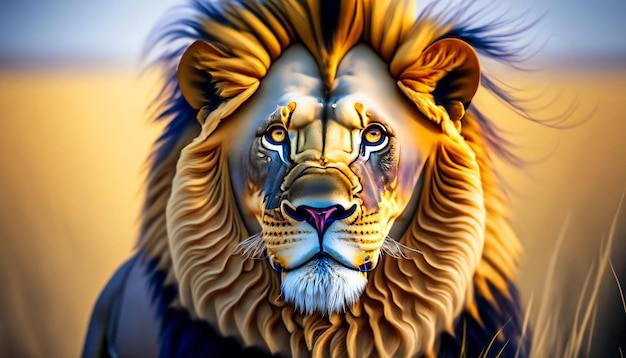 Eeuwige Majesteit Majestueuze Leeuw met vloeiende manen die intens in de verte staart en de