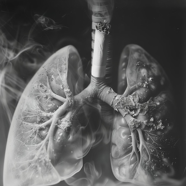 Photo the effect of cigarettes on the health of human lungs