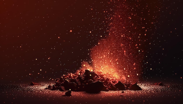 The effect of superimposing red fiery sparks the burning flame of a campfire with particles of smoldering coals flying in the air at nightBeautiful modern illustration template for your design AI