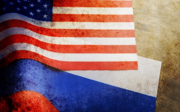 Photo effect with scratches on photo russian usa flag sanctions