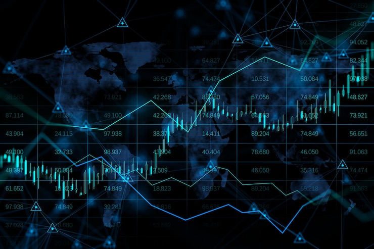 Foto effectenbeurs en internationaal handelsconcept met de kandelaar van digitale financiële grafiekgrafieken en indicatoren op de achtergrond 3d rendering van de wereldkaart