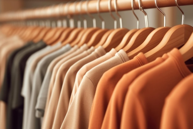 Effen nieuwe abrikozensweatshirts op hangers kledingwinkel Verkoop winkelen Vrijetijdskleding voor herfstseizoen Close-up