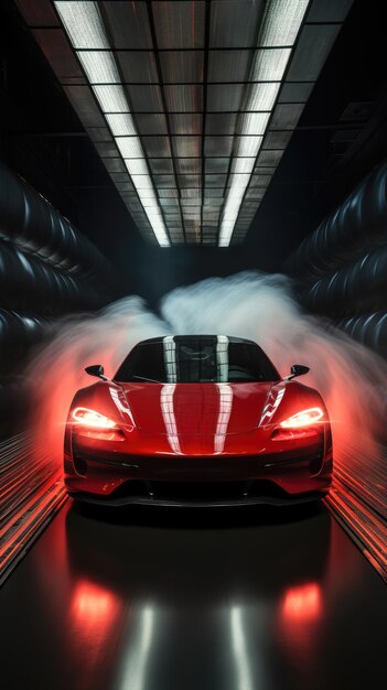 Foto aerodinamica efficiente di un veicolo evidenziata da una prova in galleria del vento