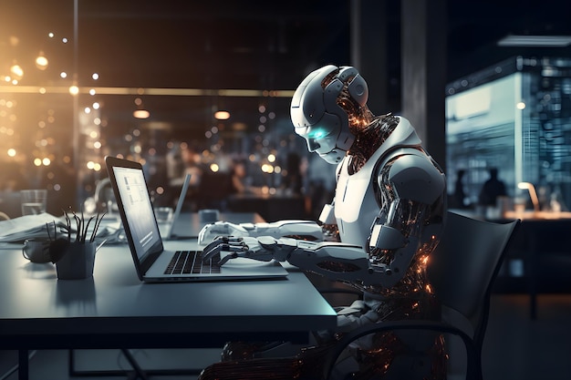 Efficient AI robot work on laptop in office Business and technology robot and human collaboration