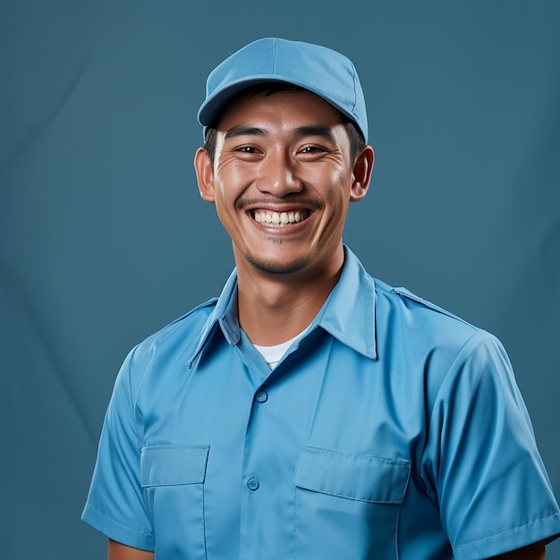 탄력적 인 파란색 배경 에 있는 효율적 인 조립 라인 노동자