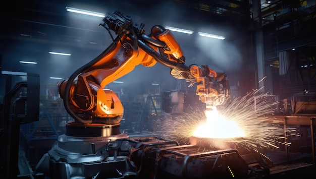 Photo efficient automation robotic arm welding in modern industrial factory revolutionizing precision engineering and manufacturing processes for future growth and innovation