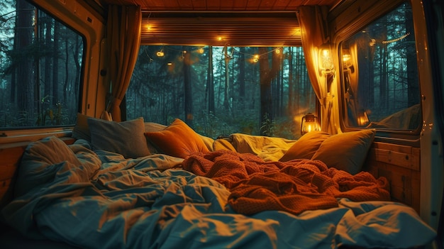 Efficient Camper Van Setup With Bed and Lights