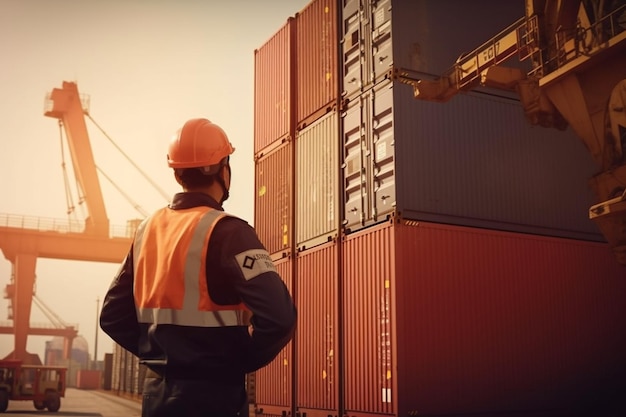 Efficient cargo handling Foreman oversees loading of containers from freight ship